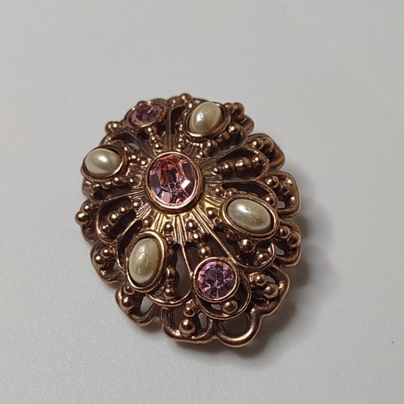 Vintage Gold Tone With Pink Stones Oval Shaped Brooch - Picture 10 of 16